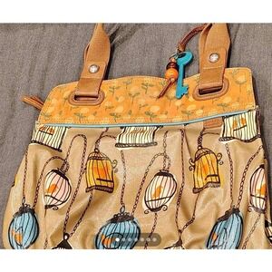 Fossil Key-Per Coated Canvas Tote Bag Birdcage Floral Print Orange Blue Vintage